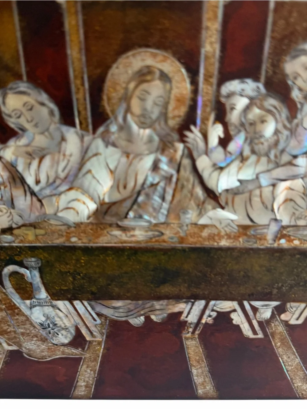 Vintage Mid Century Mother of Pearl Inlaid Jesus Last Supper Resin Plaque Wall